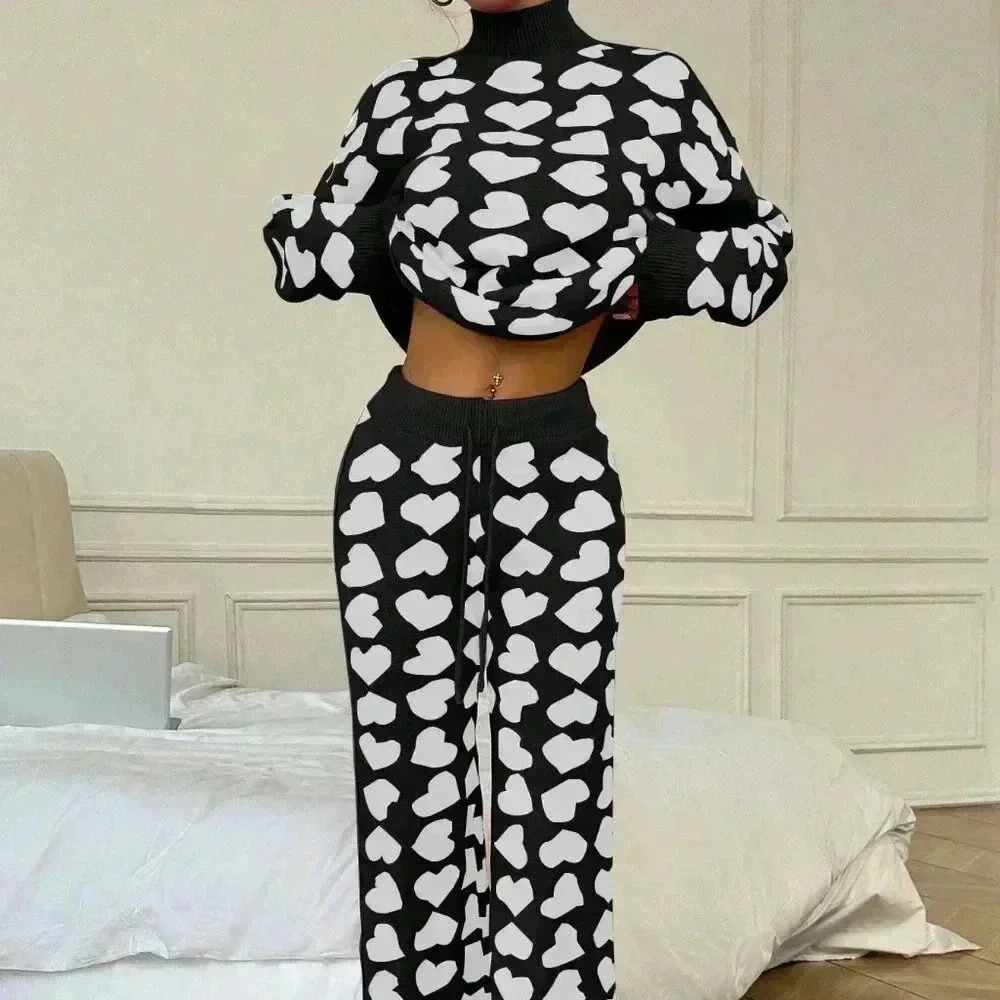 Multicolor Casual Women's Heart Graphic Sweater And Pants Set